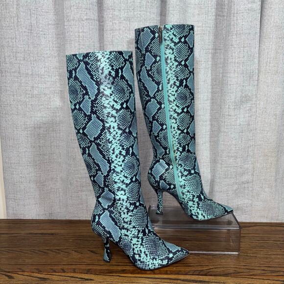 Gianni Bini Turquoise Python Print Genuine Leather Knee High Boots Size 7 N - Picture 2 of 8